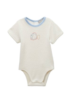 Body bébé blanc à manches courtes avec bordure bleue autour du cou et poisson coloré brodé sur la poitrine, boutons-pression en bas.