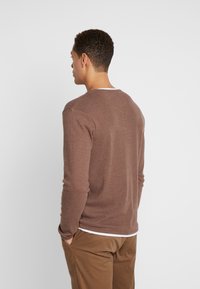 Brązowy sweter z długim rękawem i okrągłym dekoltem, z ribbowymi mankietami, wykonany z miękkiego materiału, noszony na białej koszuli, pokazany z tyłu.