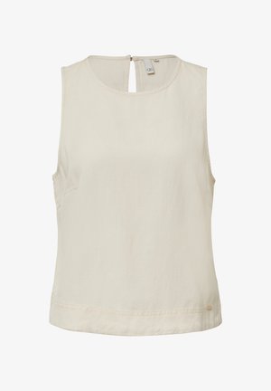 Šviesiai smėlio spalvos be rankovių viršus su apvaliu iškirpimu, nugaros rakto formos detalė ir minimalistinis dizainas. Lygus audinys su subtiliais siuvinėjimo akcentais.