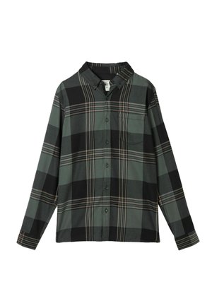 Grünes und schwarzes Karoshirt aus Flanell, mit langen Ärmeln, einem durchgehenden Knopfverschluss und einer einzelnen Brusttasche.