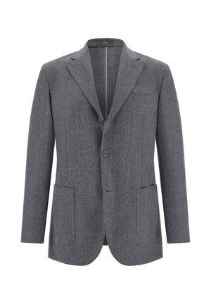 Szary wełniany żakiet z pojedynczym zapięciem, z klapami z wycięciem, dwoma przednimi kieszeniami oraz teksturowanym materiałem z delikatnym wzorem.