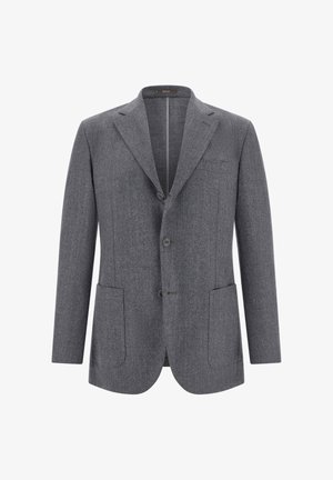 Szary wełniany żakiet z pojedynczym zapięciem, z klapami z wycięciem, dwoma przednimi kieszeniami oraz teksturowanym materiałem z delikatnym wzorem.