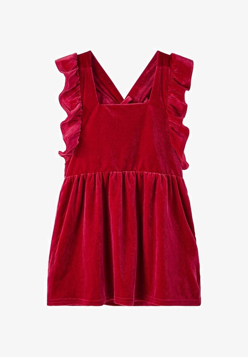 Robe en velours rouge avec bretelles volantées, un corsage ajusté et une jupe plissée. Texture lisse et couleur vibrante qui accentuent l'attrait visuel.