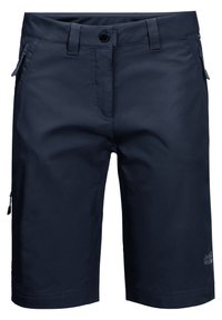 Námorně modré cargo šortky s plochým předním dílem, zipovými bočními kapsami a knoflíkovým zapínáním. Vyrobené z hladké, lehké tkaniny.