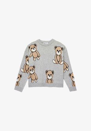 Suéter gris de punto que presenta múltiples diseños de ositos de peluche en marrón claro y negro. Cuello redondo, mangas largas y ribete acanalado.
