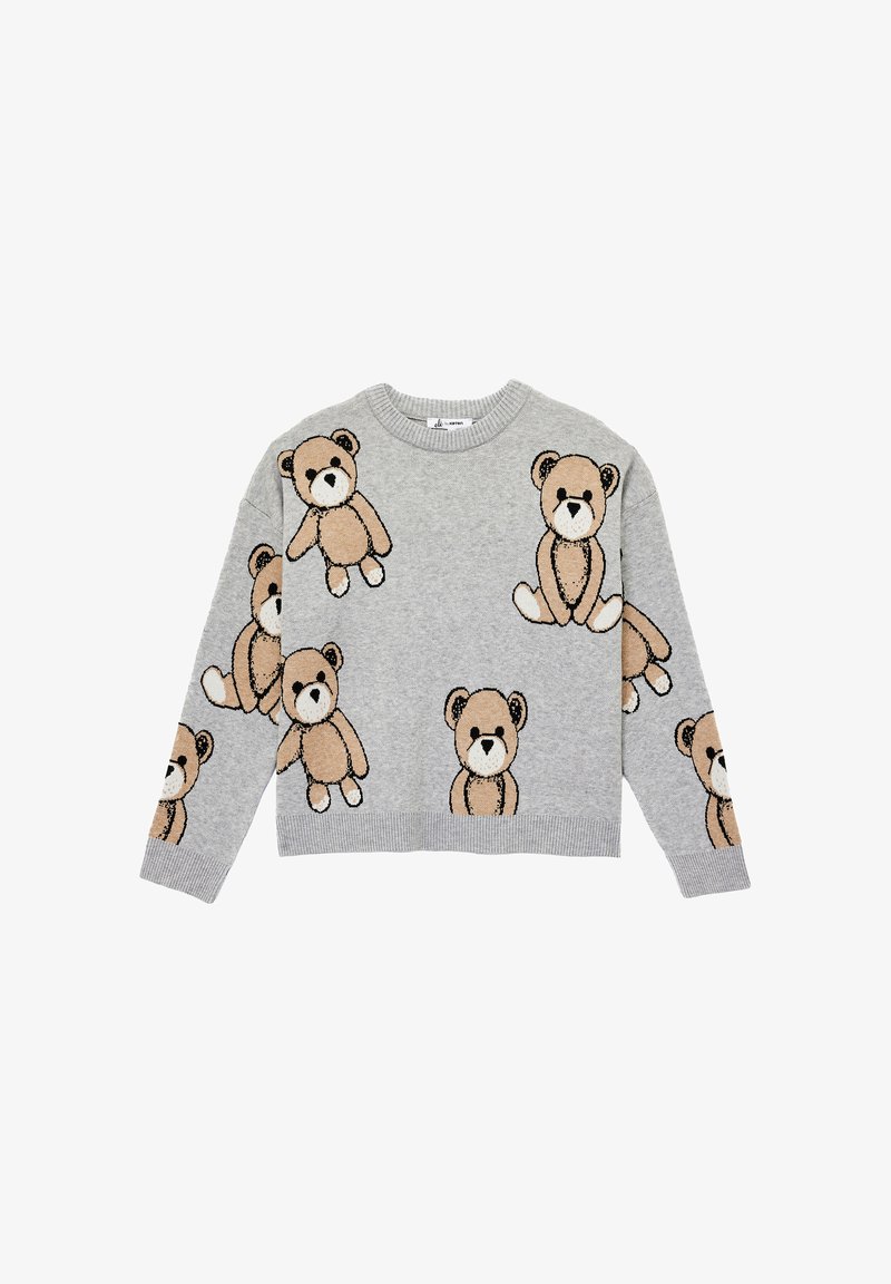 Harmaa neulepaita, jossa on useita teddykarhuteemoja vaaleanruskeana ja mustana. Pyöreäkauluksinen, pitkät hihat ja resorireuna.