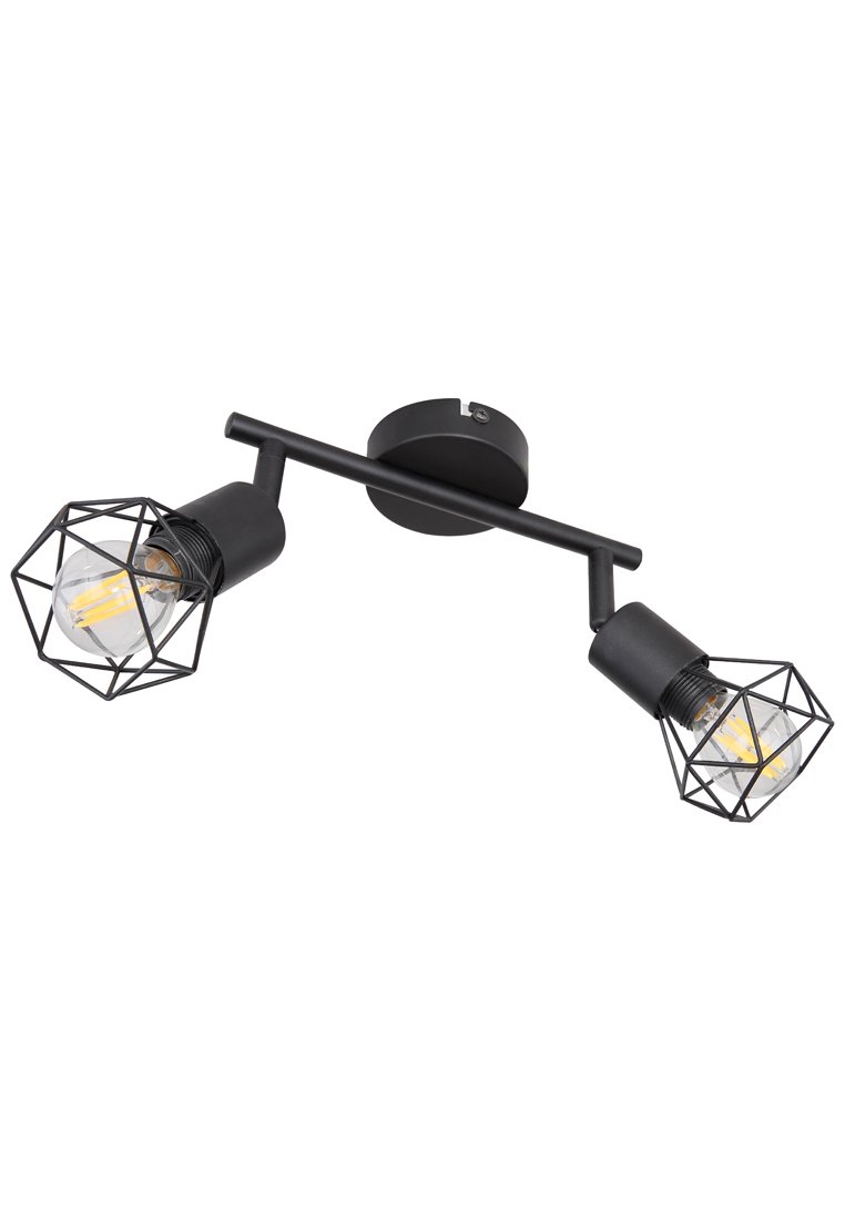 Plafoniera in metallo nero con due bracci regolabili, ognuno dei quali sostiene una lampadina racchiusa in gabbie di filo geometriche.