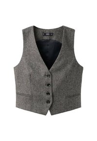 Grau Wollweste mit V-Ausschnitt, sechs schwarzen Knöpfen, zwei frontalen Taschen und einem glatten schwarzen Futter. Einfaches, maßgeschneidertes Design mit strukturierter Oberfläche.
