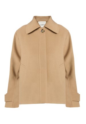 Beige uldblandingsjakke med krave, en enkelt knaplukning og sidelommer. Har en lige silhuet og manchet detaljer.