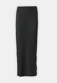 Schwarzer, gerippter Midirock mit einer glatten, dehnbaren Textur und einem taillierten Design, das eine gerade Silhouette ohne sichtbare Hardware aufweist.