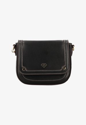 Sort læder crossover taske med en fold-over flap, kontraststing, hardware i guldtoner og et diamantlogo på forsiden.