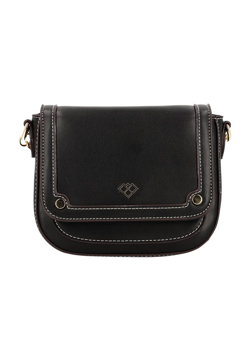 Czarna skórzana torba na ramię z klapą, kontrastowym przeszyciem, złotymi akcentami i diamentowym logo z przodu.