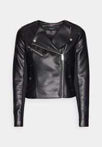 Zwarte leren motorjack met asymmetrische ritssluiting, drukknoopkraag en lange mouwen; voorzien van zilverkleurige accenten en een slank ontwerp.