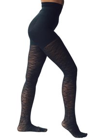 Zwarte panty's met een hoge tailleband, voorzien van een geweven bloemmotief. Het onderste deel is halfdoorzichtig met een gestructureerde afwerking.