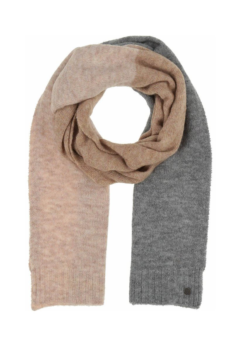 Écharpe tricotée avec un design dégradé en beige clair et gris foncé, texture douce, bords côtelés et une petite étiquette de marque.