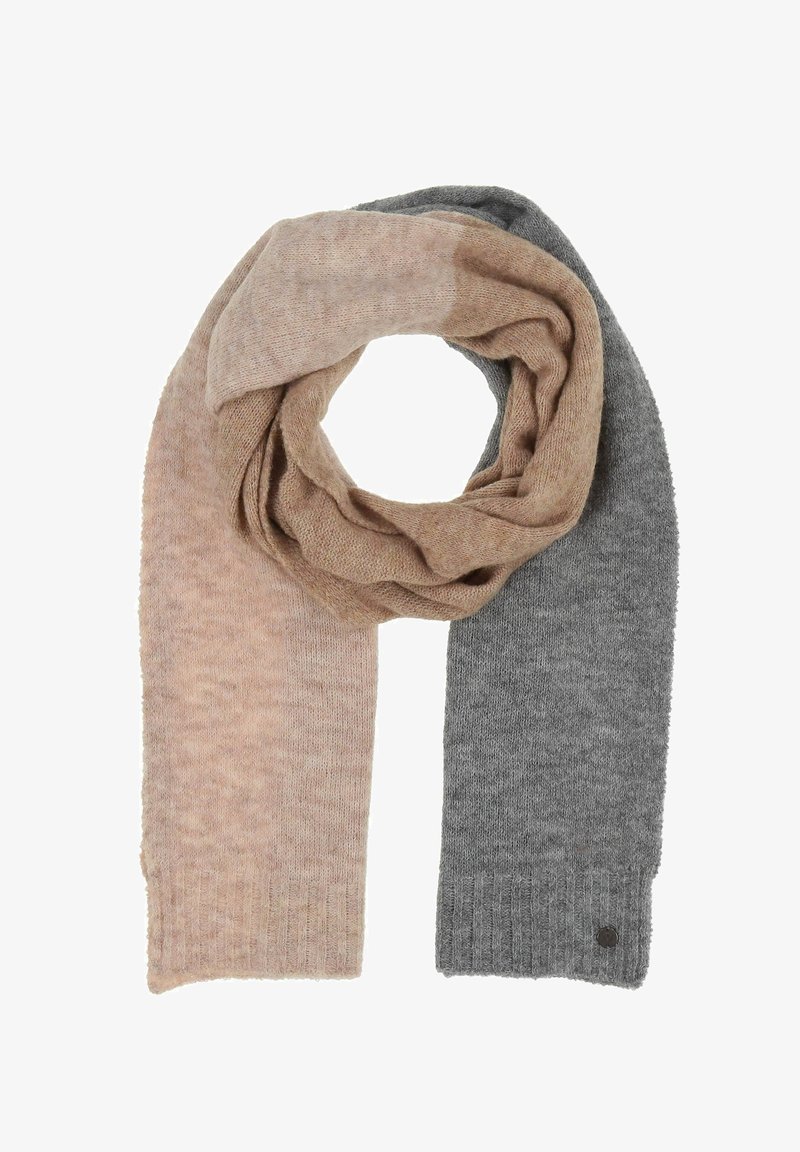 Knit scarf featuring a gradient design in light beige and dark gray, soft texture, and ribbed edges with a small branded tag.