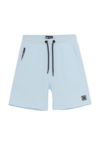 Helle blaue Shorts aus weichem Stoff mit elastischem Bund, schwarzem Zugband und zwei Seitentaschen mit schwarzen Reißverschlüssen.