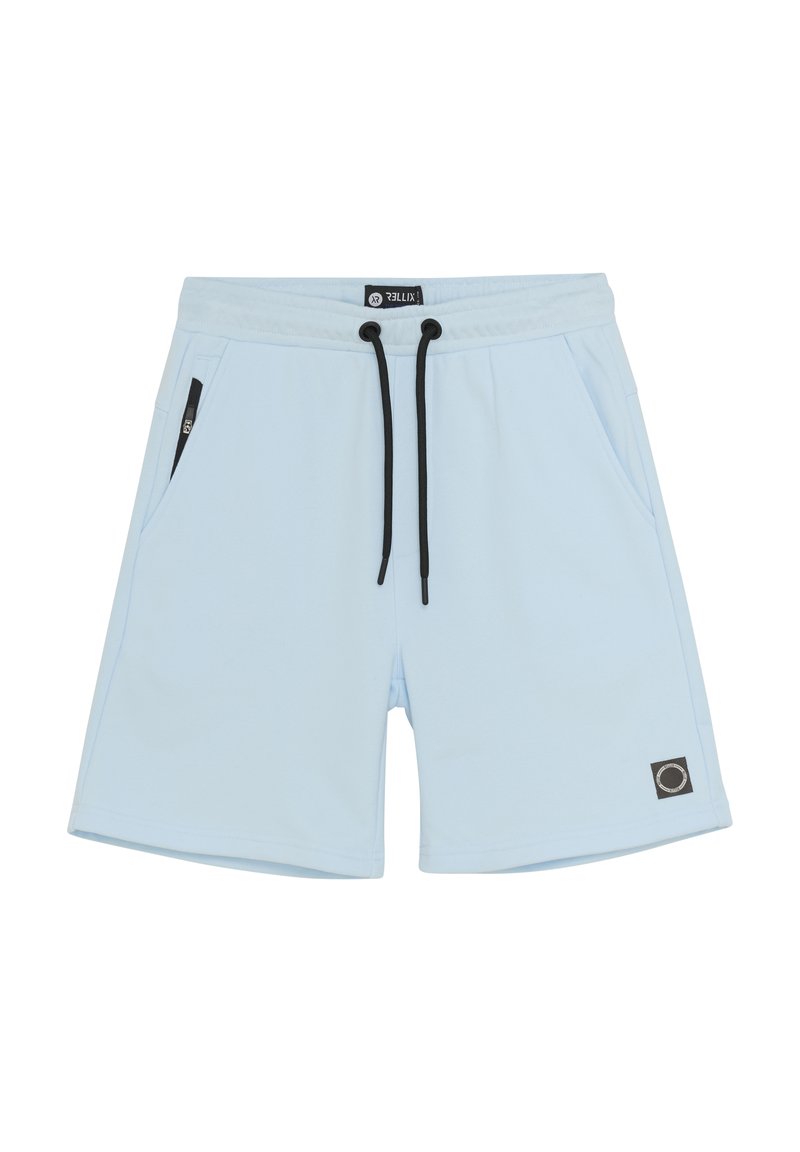 Helle blaue Shorts aus weichem Stoff mit elastischem Bund, schwarzem Zugband und zwei Seitentaschen mit schwarzen Reißverschlüssen.