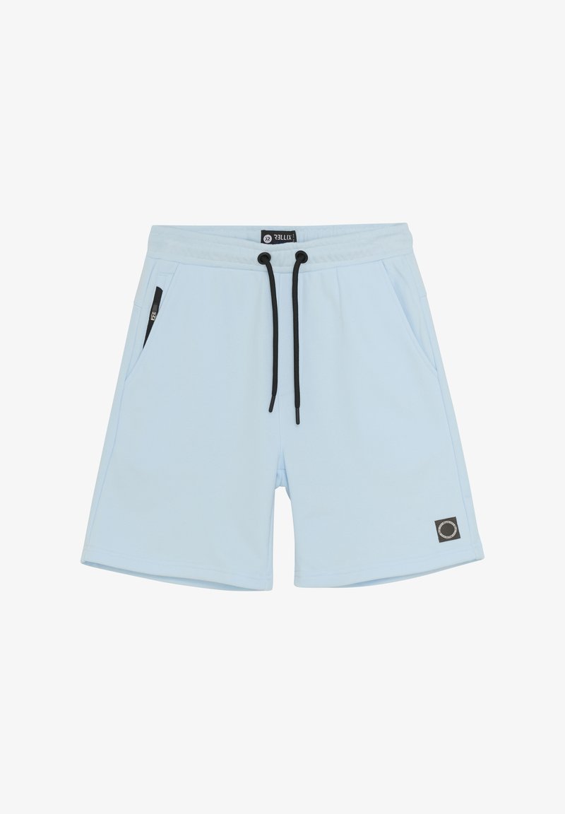 Light blue shorts made of soft fabric with an elastic waistband, black drawstring, and two side pockets featuring black zippers.