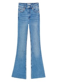 Flared blue denim jeans with a high waist, featuring frayed hems, copper rivets, and standard five-pocket design.