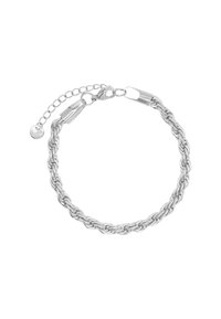 Bracciale in argento con catena intrecciata, dotato di un moschettone e catena regolabile. Texture metallica liscia con una finitura lucida.