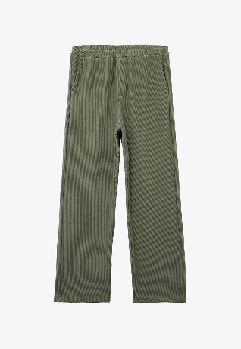 Olijfgroene geribbelde broek met een ontspannen pasvorm, een elastische tailleband en twee zijzakken. Textuurstof met verticale lijnen.