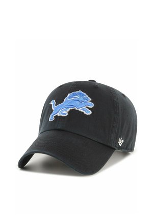 Black baseball cap with blue and white embroidered lion logo on front and small white '47' logo on side.