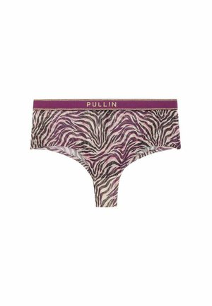 String pour femme à imprimé zèbre violet et noir avec une large ceinture violette portant la mention "PULLIN" en lettres dorées.