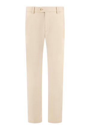 Beige Hosen mit geradem Bein, Knopf- und Reißverschluss, Gürtelschlaufen und Seitentaschen, vor weißem Hintergrund präsentiert.