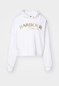 White cropped sweatshirt featuring a hood and oversized sleeves. Gold "BARBOUR INTERNATIONAL" text across the front. Smooth fabric texture.