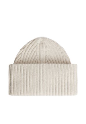 Light beige knitted beanie hat with a ribbed design and cable pattern. Features a folded cuff and soft texture. Suitable for cold weather.