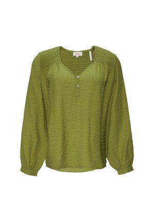 Zeleno, teksturirano bluza z dolgimi rokavi, V-izrezom, gumbnimi detajli in zgubanimi poudarki na ramenskem delu. Lahka tkanina.