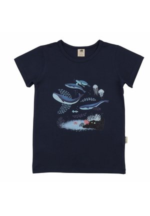 Navy blue short-sleeve shirt with illustrations of whales, sea turtles, jellyfish, fish, coral, and underwater plants on the front.