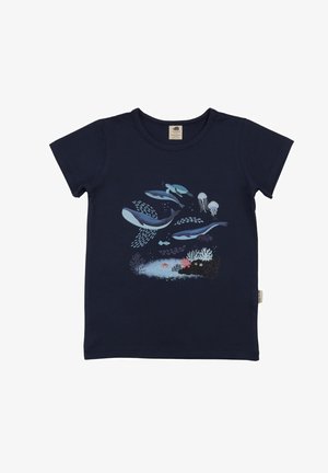 Navy blue short-sleeve shirt with illustrations of whales, sea turtles, jellyfish, fish, coral, and underwater plants on the front.
