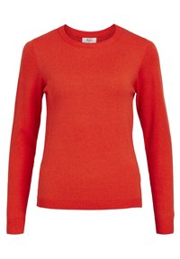 Suéter rojo de punto con escote redondo y mangas largas, con borde y puños de canalé, hecho de una tela suave y ligera.