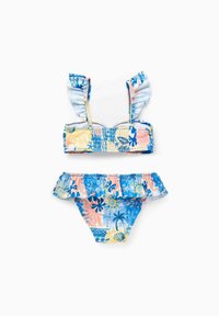 Set di bikini con spalline arricciate, caratterizzato da un motivo floreale e tropicale multicolore su morbido tessuto. Il top ha un design arricciato; il fondo presenta un bordo arricciato.