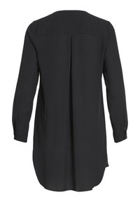 Black long-sleeve blouse with a relaxed fit, featuring a round neckline, buttoned cuffs, and a subtle back pleat detail. Smooth texture.