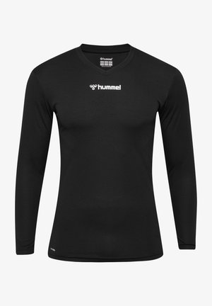 Zwarte langemouwen shirt van zacht materiaal, met een V-hals ontwerp en een klein wit logo op de borst. Geen patronen of accenten.