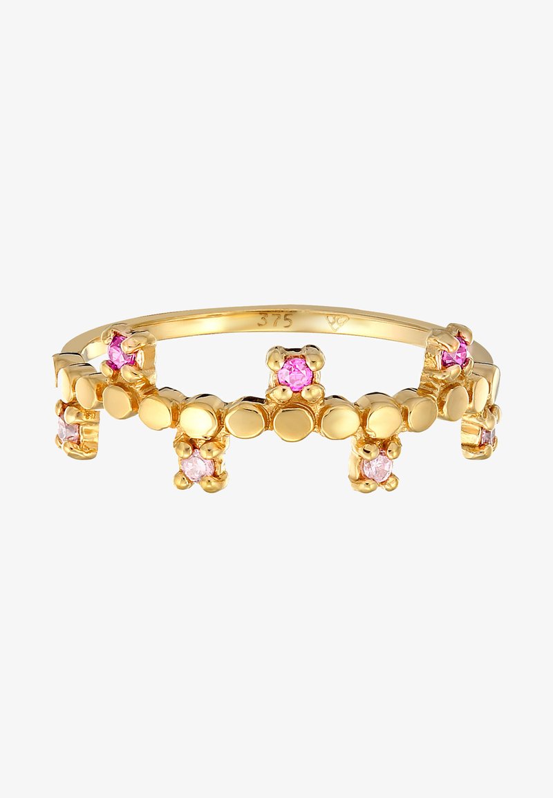 Bague en or avec un bandeau texturé et des accents circulaires et de pierres précieuses alternés, présentant des pierres roses et roses claires.