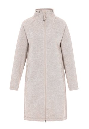 Light beige long coat made of soft, textured fabric. Features a zip closure, high collar, and side pockets. Simple, straight silhouette.