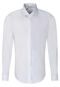 Camicia bianca a maniche lunghe con colletto classico, chiusura frontale con bottoni e polsini regolabili. Tessuto in cotone liscio, vestibilità su misura, senza fantasie.
