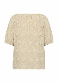 Blusa beige con maniche corte e a sbuffo, caratterizzata da un motivo floreale ricamato e dettagli in pizzo, in morbido cotone, vestibilità rilassata.