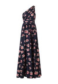 Marineblaues, einseitig tragbares Maxikleid aus glattem Stoff. Mit rosa Blumenmustern und einem taillierten Oberteil sowie einem schwingenden Rock.