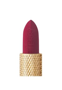 Rouge à lèvres mat bordeaux avec une pointe effilée, logo "by TERRY" en relief, encapsulé dans un tube doré à motif en diamant.