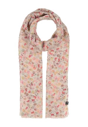 Hellbeiger Schal mit abstrakten Aquarellpunkten in Rosa-, Orange- und Brauntönen, locker geschlungen mit ausgefransten Rändern.