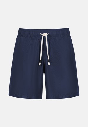 Navy blue swim shorts made of lightweight fabric, featuring an elastic waistband with a drawstring and contrasting white accents.