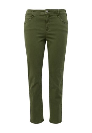 Olijfgroene slim-fit broek met knoop en ritssluiting aan de voorkant, voor- en achterzakken, en een rechte pijp.