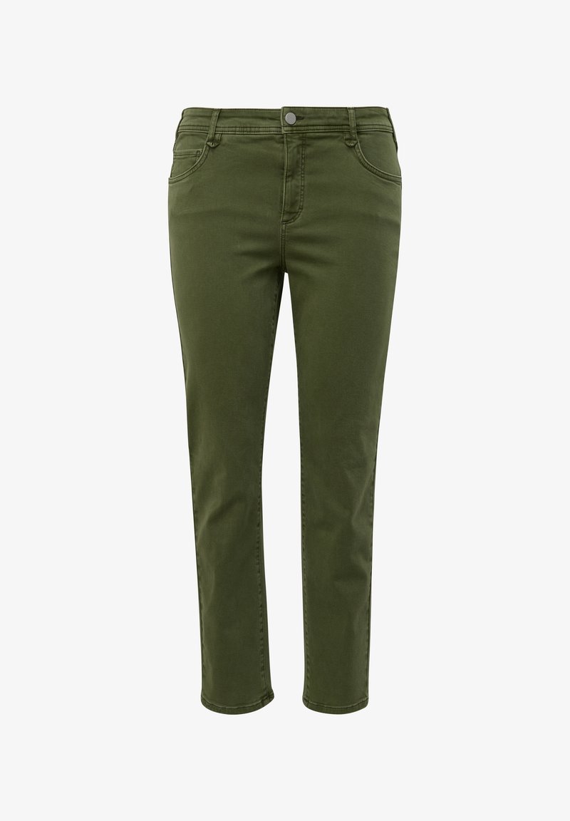 Pantalon slim vert olive avec bouton et fermeture éclair à l'avant, poches avant et arrière, et coupe droite.