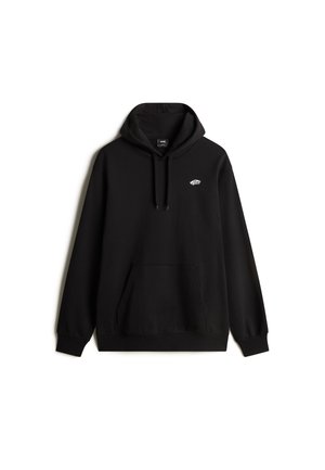 Sudadera negra con un bolsillo frontal tipo canguro, capucha ajustable y un pequeño logo en el pecho. Fabricada con un tejido suave y con puños acanalados.