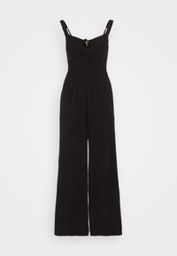 Svart ärmlös byxdress med vida ben, figursydd midja och dragsko-detalj vid det fyrkantiga halsringningen.